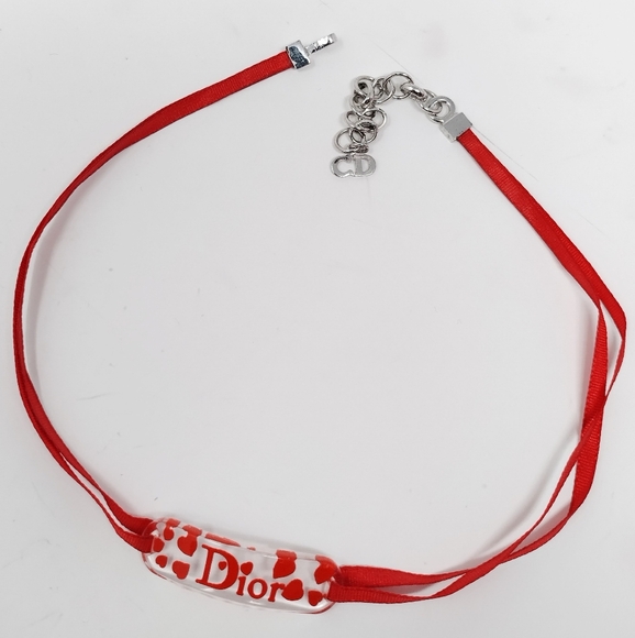 Authentic Christian Dior Lucite Red Heart Name Plate Choker Necklace - Picture 4 of 6